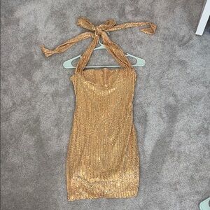 Gold Sequin Halter Dress